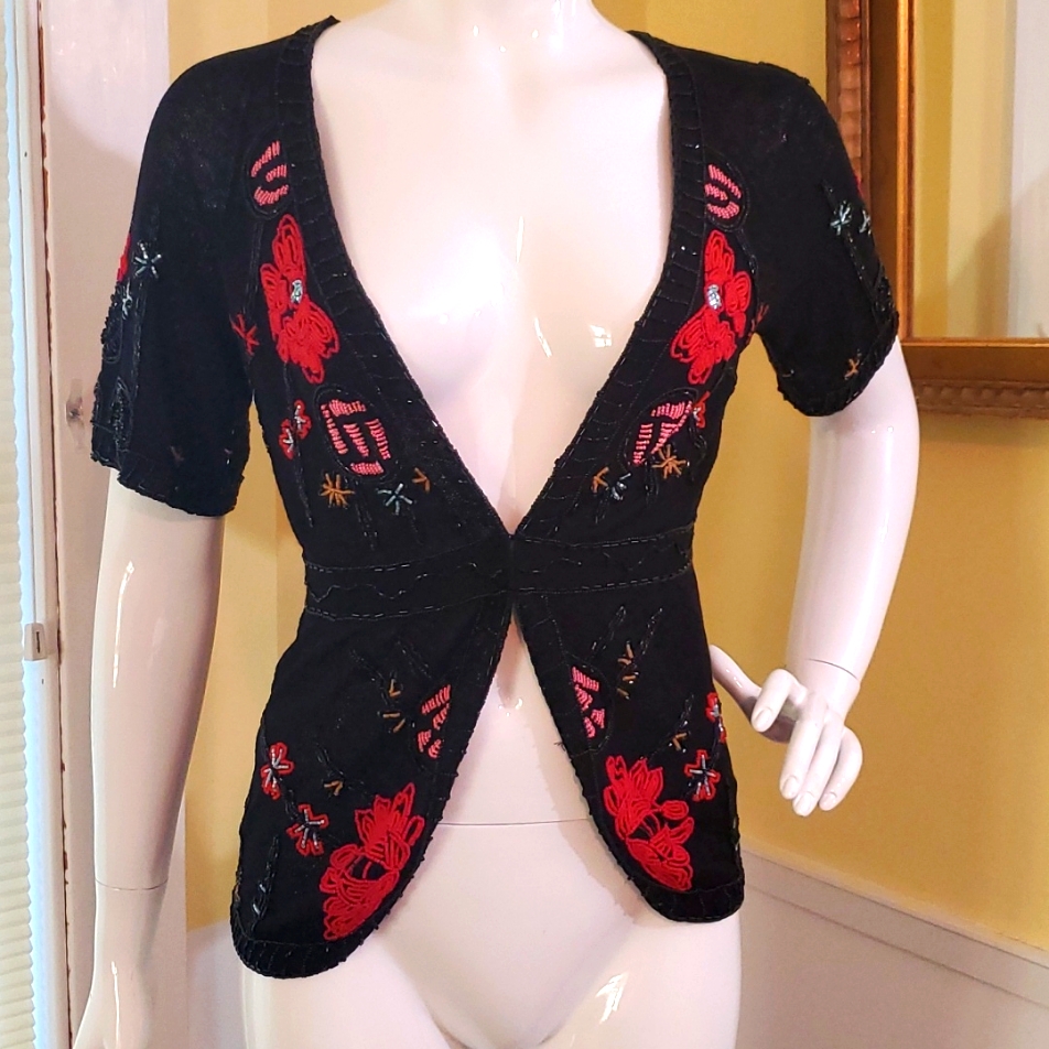 New Dkny Wool Blend Beaded Short Sleeve Cardigan